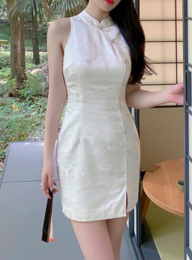 欧美复古优雅旗袍白色礼服轻奢小众高端级收腰晚宴年会气质连衣裙