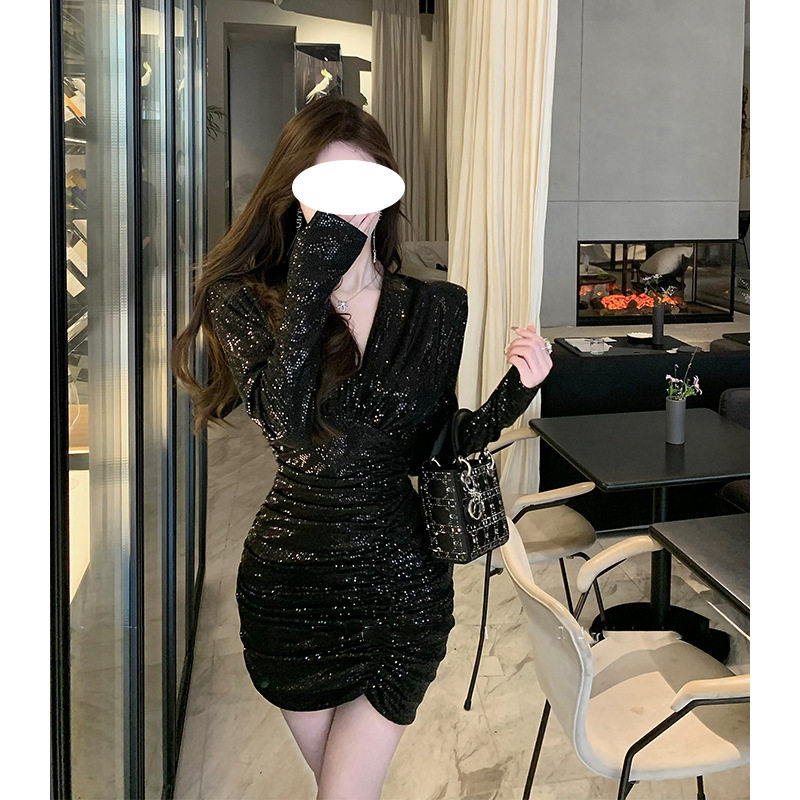 欧美性感V领亮片礼服轻奢小众高端级名媛气质收腰显瘦包臀连衣裙