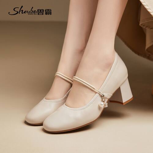 兽霸真皮玛丽珍鞋女2026新款夏季法式粗高跟鞋一字带浅口气质女鞋