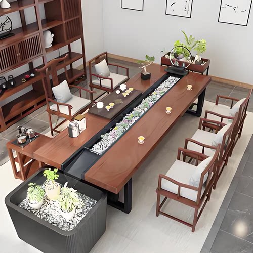 流水茶桌景观一体养鱼循环茶台