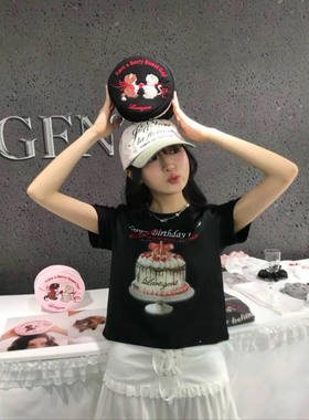 韩国代购lartigent蛋糕印花短袖百搭甜美短款T恤女上衣25春夏新款