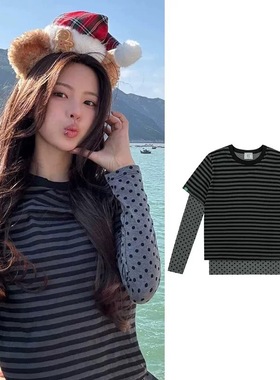 韩国设计师款nocontent条纹波点假两件打底长袖T恤修身显瘦上衣女