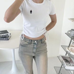 韩国代购 whoau短袖女 经典小熊刺绣侧面绑带打底T恤休闲百搭夏季