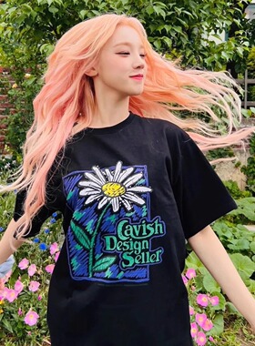 韩国代购 CAVISH雏菊花朵宽松短袖圆领休闲T恤上衣女宋雨琦同款