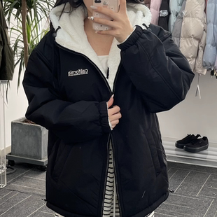 韩国代购 WHOAU棉服连帽大口袋两面穿羊羔毛男女外套经典字母棉衣