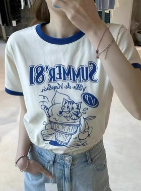 韩国代购 viaplain复古小猫短袖T恤女summer字母印花拼色圆领上衣