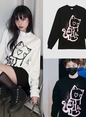韩国代购 itzavibe长袖T恤涂鸦哭泣猫印花宽松上衣百搭罗渽民同款