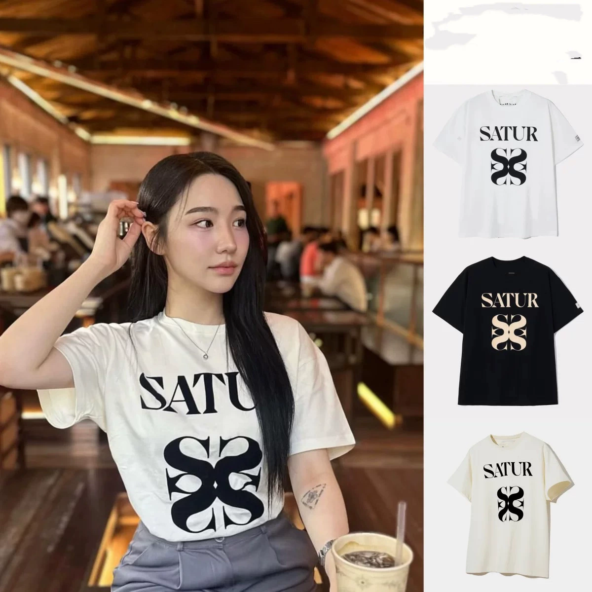 韩国代购 satur情侣短袖胸前大标基础百搭宽松半袖短T恤男女同款