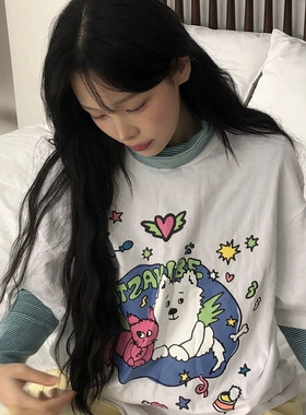 韩国代购 itzavibe印花短袖卡通漫画可爱T恤宽松休闲圆领上衣夏季