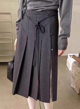 韩国代购Lakeside气质系带侧开叉百褶裙百搭休闲半身裙女春夏新款