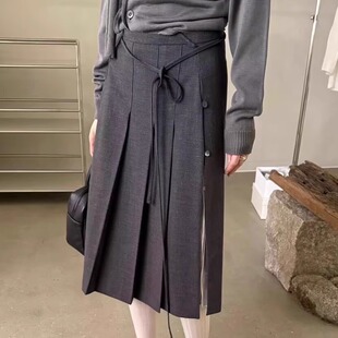 韩国代购Lakeside气质系带侧开叉百褶裙百搭休闲半身裙女春夏新款