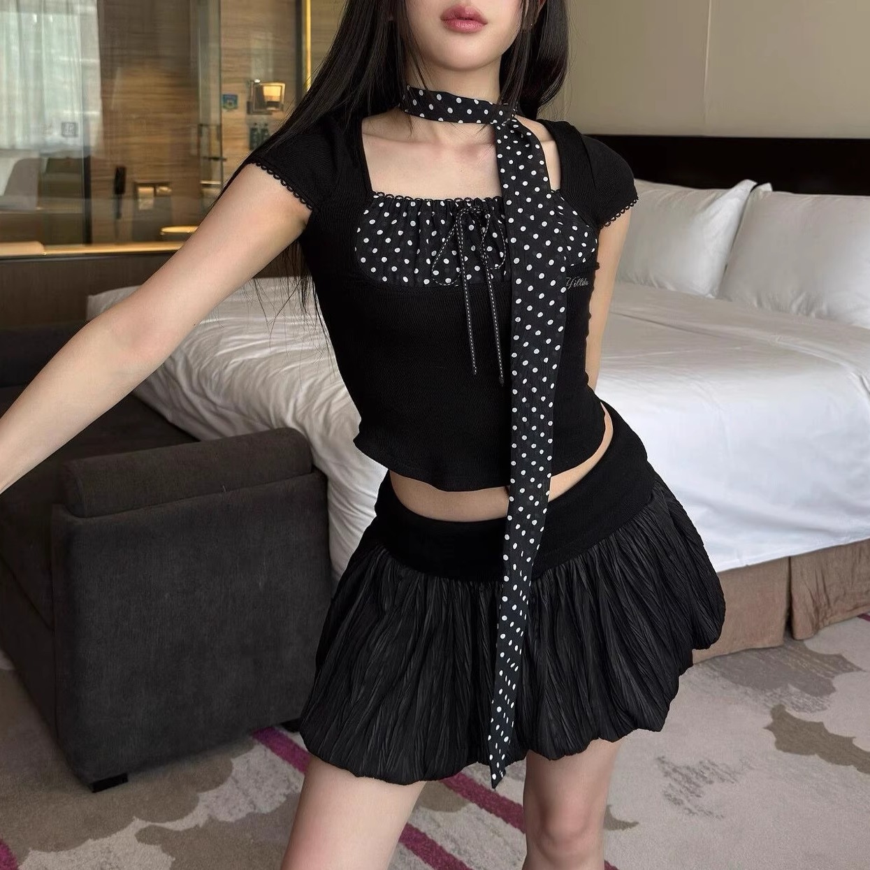 韩国代购hillda波点拼接短袖T恤