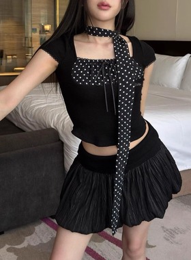 韩国代购 hillda波点拼接短袖T恤宫胁咲良宫同款25夏季新款上衣女