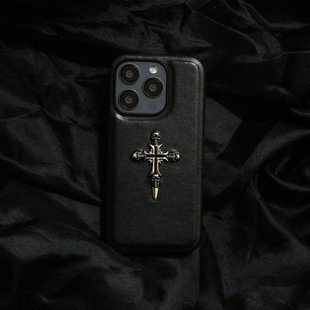 小众 适用iphone13暗黑风骷髅十字架手机壳14pro皮质手机保护壳套15promax中性个性