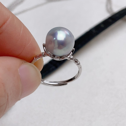 9.7mm天然色日本海水akoya，纯银戒指