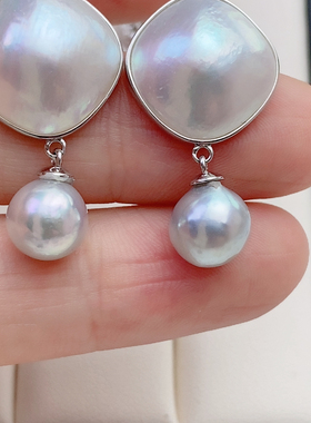 糖塔白色澳洲海水马贝耳钉，真多麻色Akoya8.7mm