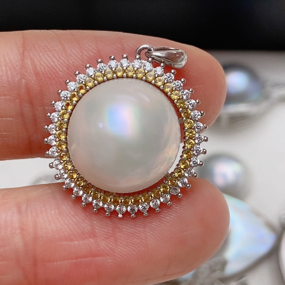 13-14mm日本奄美岛海水马贝吊坠，纯银