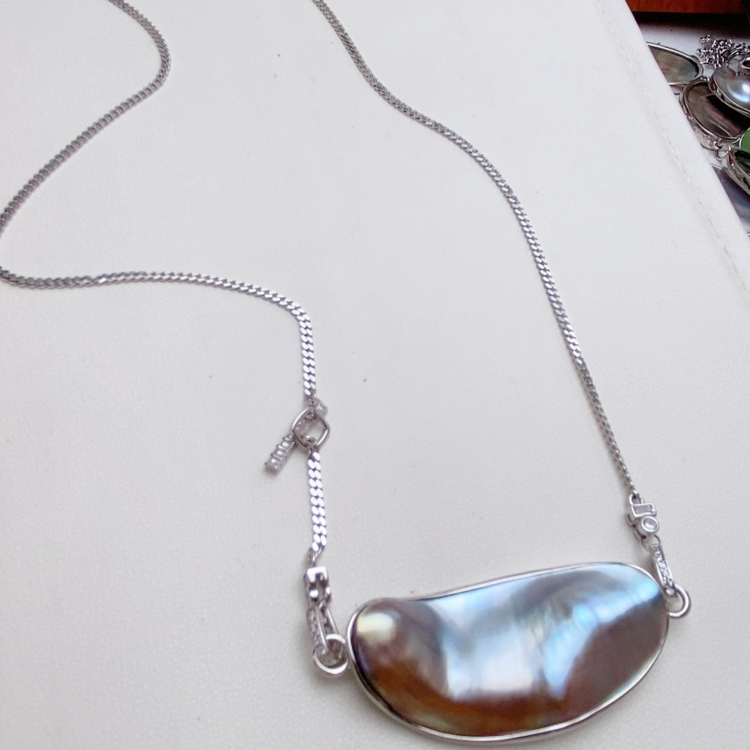 双耳海水马贝，纯银项链