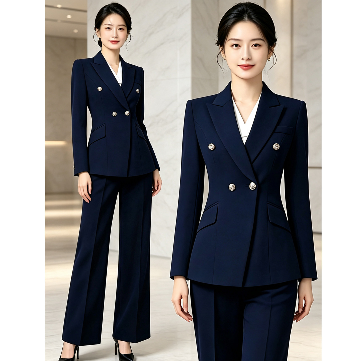 深蓝色西装套装女职业装外套面试正装双排扣女西服酒店接待工作服