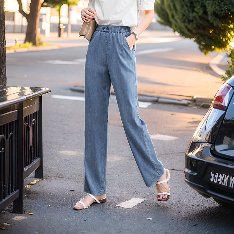 娅丽达时髦夏季天丝牛仔裤女八分裤宽松舒适直筒裤窄版阔腿裤子