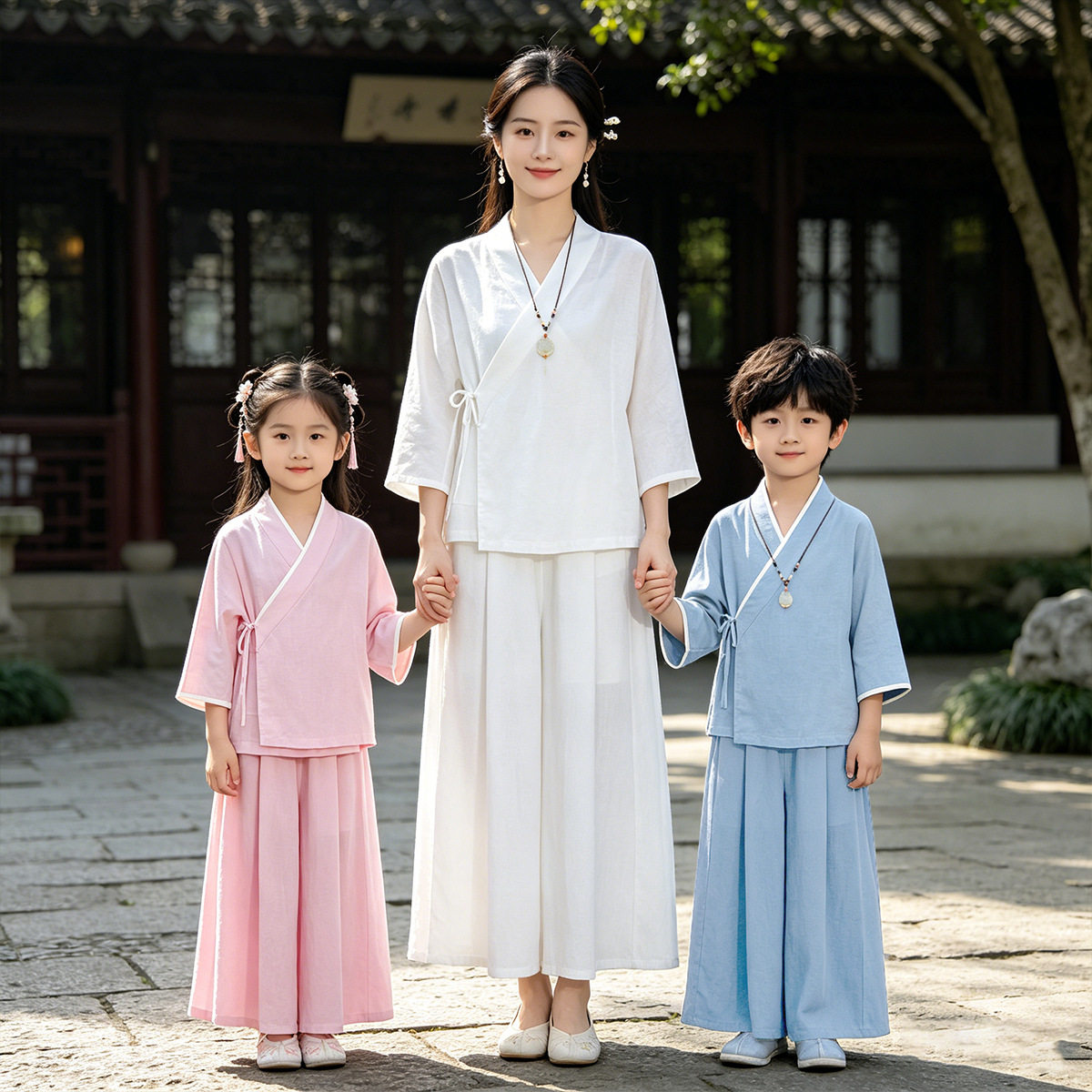 忆霏汉服亲子套装阔腿裤夏款中国风莱赛尔亚麻宽松休闲新中式轻薄