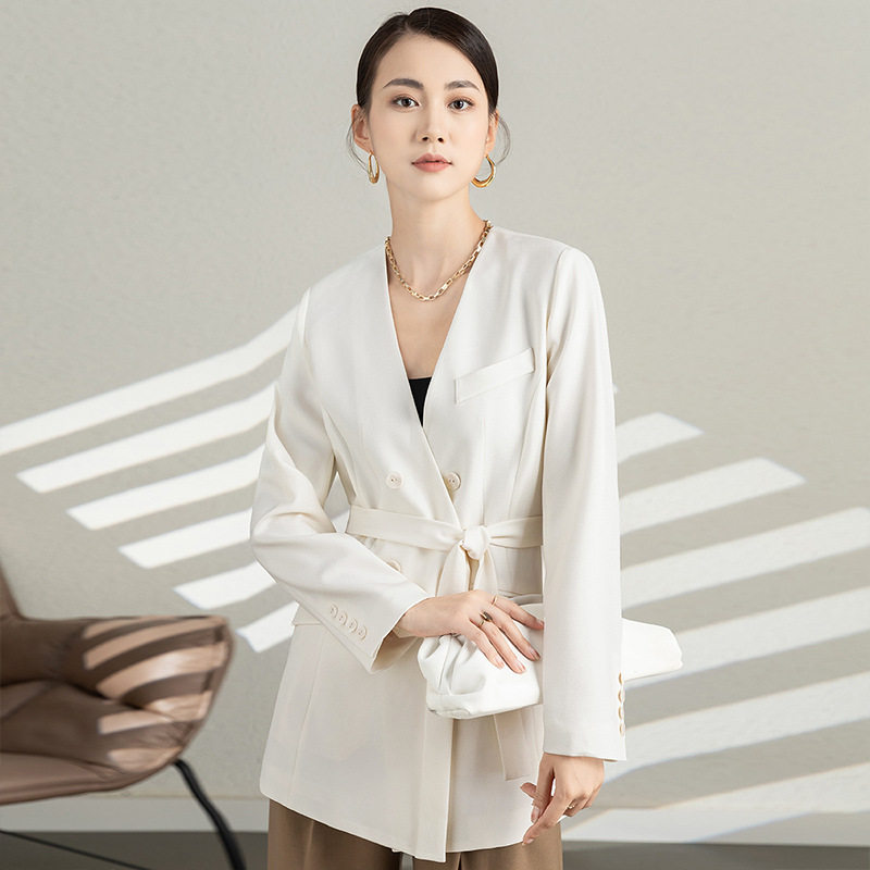 春秋米白V领系带女西装外套