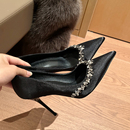 2025春秋新款 高跟鞋 婚鞋 气质名媛高级单鞋 黑色 女细跟尖头水钻法式