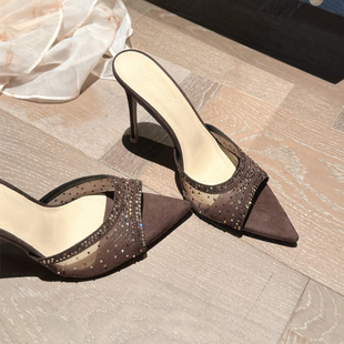 凉拖鞋女夏外穿高跟鞋细跟尖头一字拖水钻网纱气质配裙子2025新款