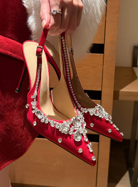 红色婚鞋高跟鞋女细跟尖头包头水钻法式气质高级感单鞋2025年新款