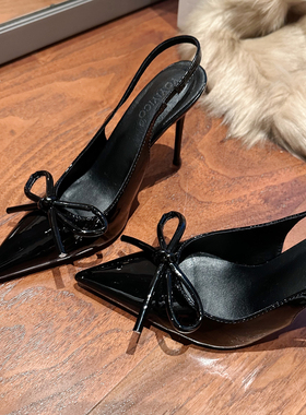 高跟鞋女2025年新款细跟尖头包头蝴蝶结法式气质绝美单鞋黑色配裙