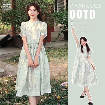 国潮新中式旗袍碎花娃娃裙