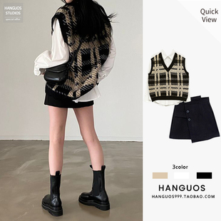 港风套装 裙设计感叠穿针织马甲小个子三件套 女高腰不规则半身裙裤