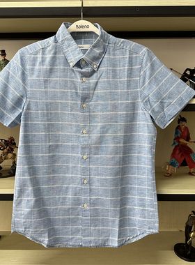 班尼路夏季新品男装 青年时尚棉麻休闲衬衫格子短袖衬衣88904013