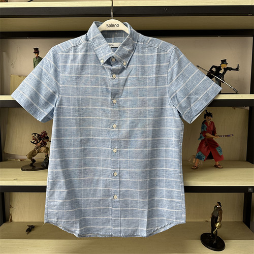 班尼路夏季新品男装 青年时尚棉麻休闲衬衫格子短袖衬衣88904013