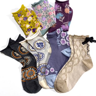 日单春夏复古花卉浮雕短袜女袜棉袜中筒袜堆堆袜 漾漾春日