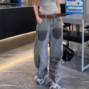 洋气长裤 美式 宽松显瘦弯刀裤 新款 复古字母印花阔腿牛仔裤 女秋季
