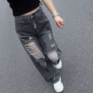 黑色做旧破洞牛仔裤女夏季新款休闲时尚显瘦百搭宽松阔腿长裤