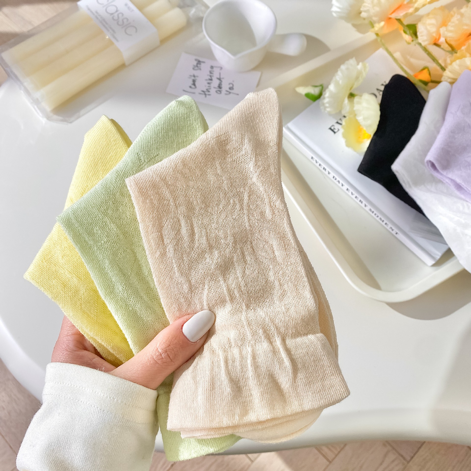 2023夏天薄款月子袜女堆堆袜长袜网眼棉袜子加卡丝纯色中筒袜