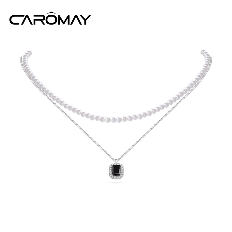 CAROMAY真多麻灰色人造珍珠项链高级感双层叠戴秋冬毛衣锁骨链女
