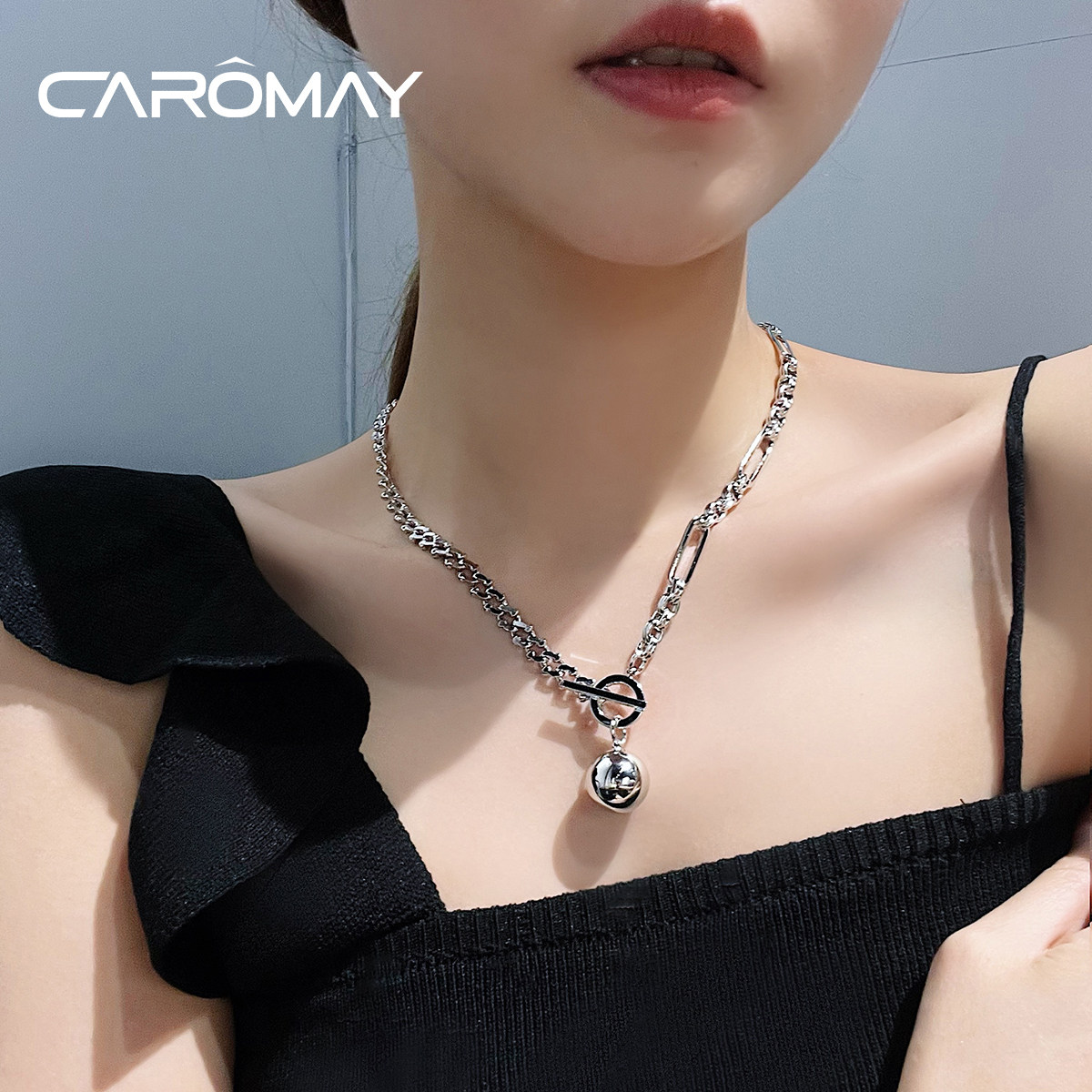 CAROMAY嘻哈圆球项链女ins潮酷拼接设计感锁骨链网红气质轻奢颈链