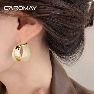卡洛美奶油金湾耳环女复古港风滴釉宽边素圈耳扣小众设计感耳饰品