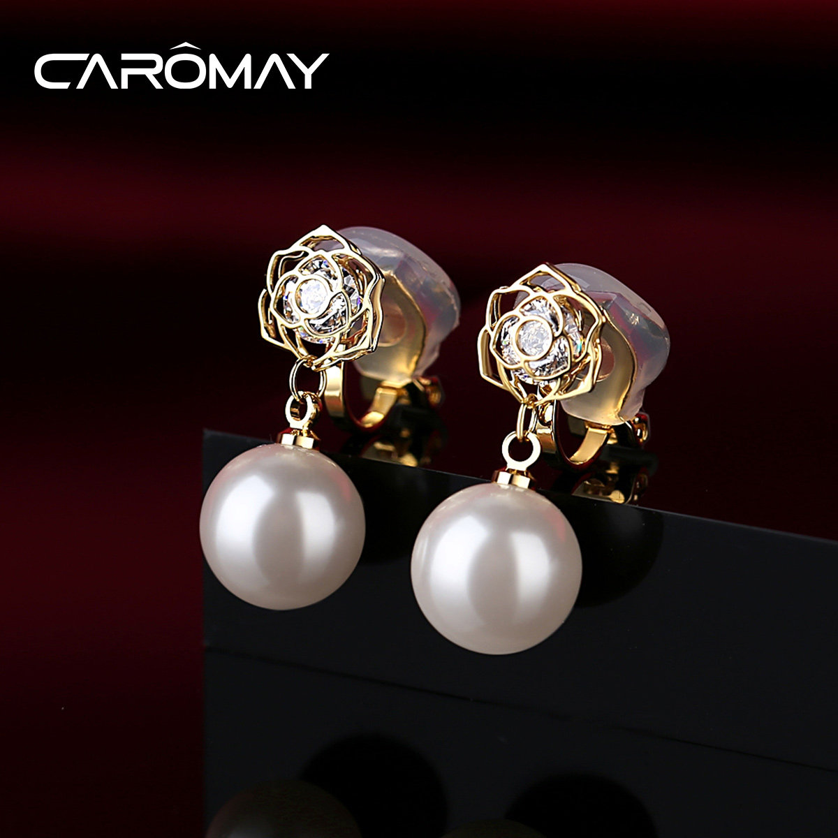 镂空玫瑰花无耳洞耳夹女气质简约高级感人造珍珠耳环2023新款耳饰