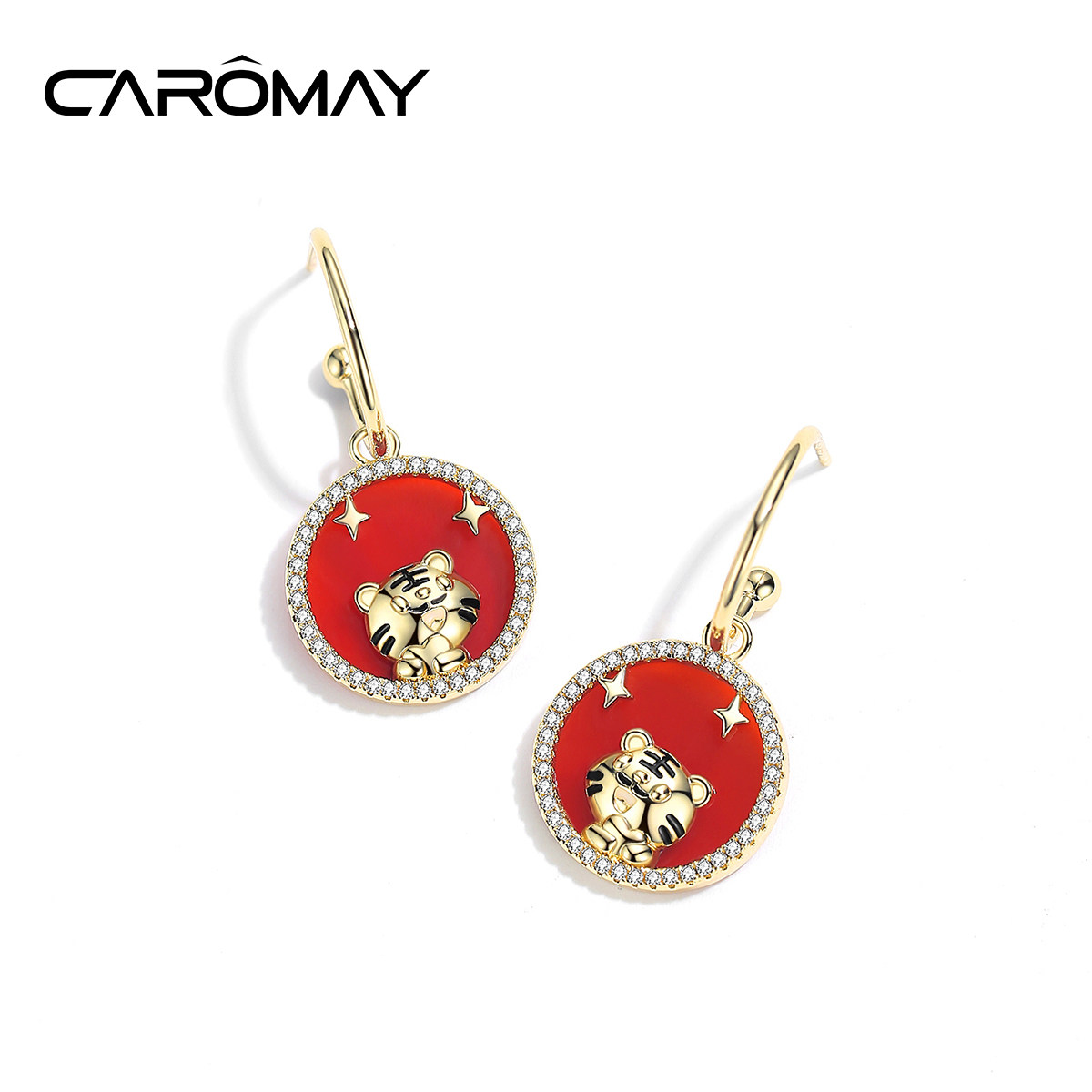 CAROMAY设计师系列本命年幸运萌虎玛瑙耳环女气质耳坠个性耳饰品