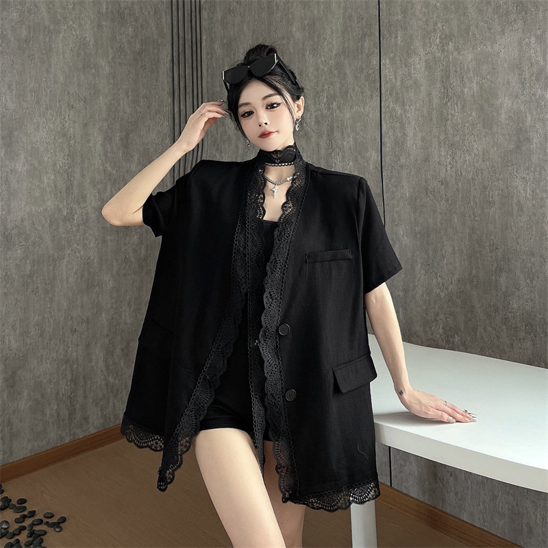 mapogo 2025夏季薄款蕾丝花边拼接短袖西服上衣女宽松西装外套潮