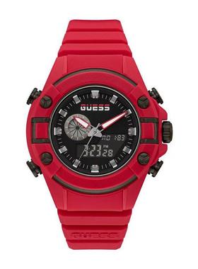 代购GUESS男士腕表计时日期夜光测速硅胶红色树脂防水运动休闲