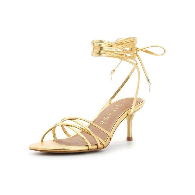 代购GUESS女士凉鞋轻便透气舒适优雅金色细高跟缠绕绑带尖头宴会
