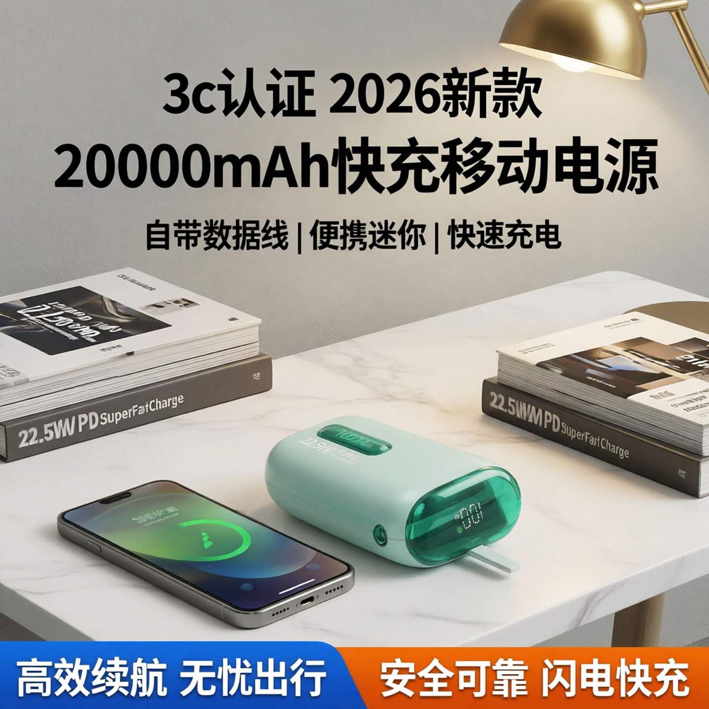 3c认证2026新款快充自带线充电宝20000毫安便携迷你小巧移动电源