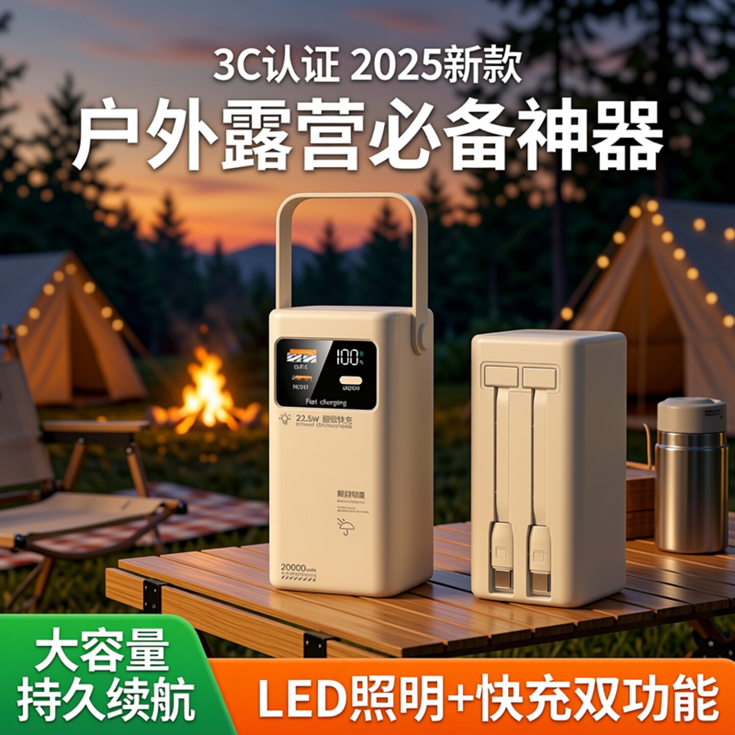 3c认证2026新款大容量20000毫安户外露营充电宝LED灯摆摊移动电源