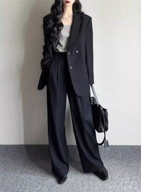 大码女装西装两件套春秋季胖mm200斤休闲宽松职业正装西服阔腿裤
