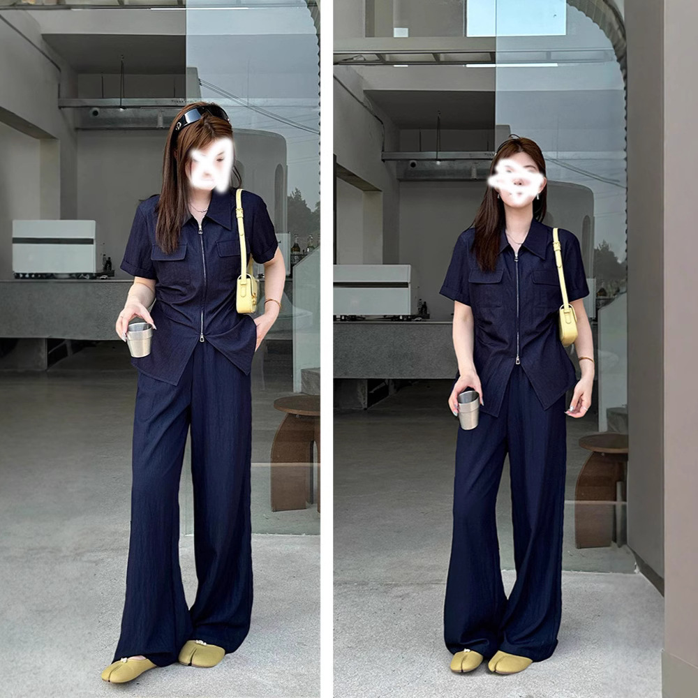 胖妹妹大码薄款女短袖上衣微胖m200斤阔腿裤显瘦拉链衬衫两件套装